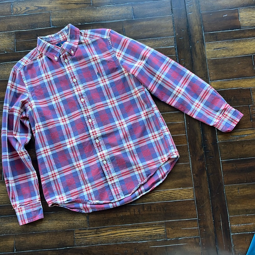 Boys Polo Button Drown Plaid Dress Shirt Size Large (14-16)